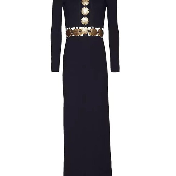 STAUD BLACK DELPHINE GOLD LOGO COIN CUTOUT MAXI DRESS BLACK SZ 8 LONG SLEEVE - Picture 13 of 15